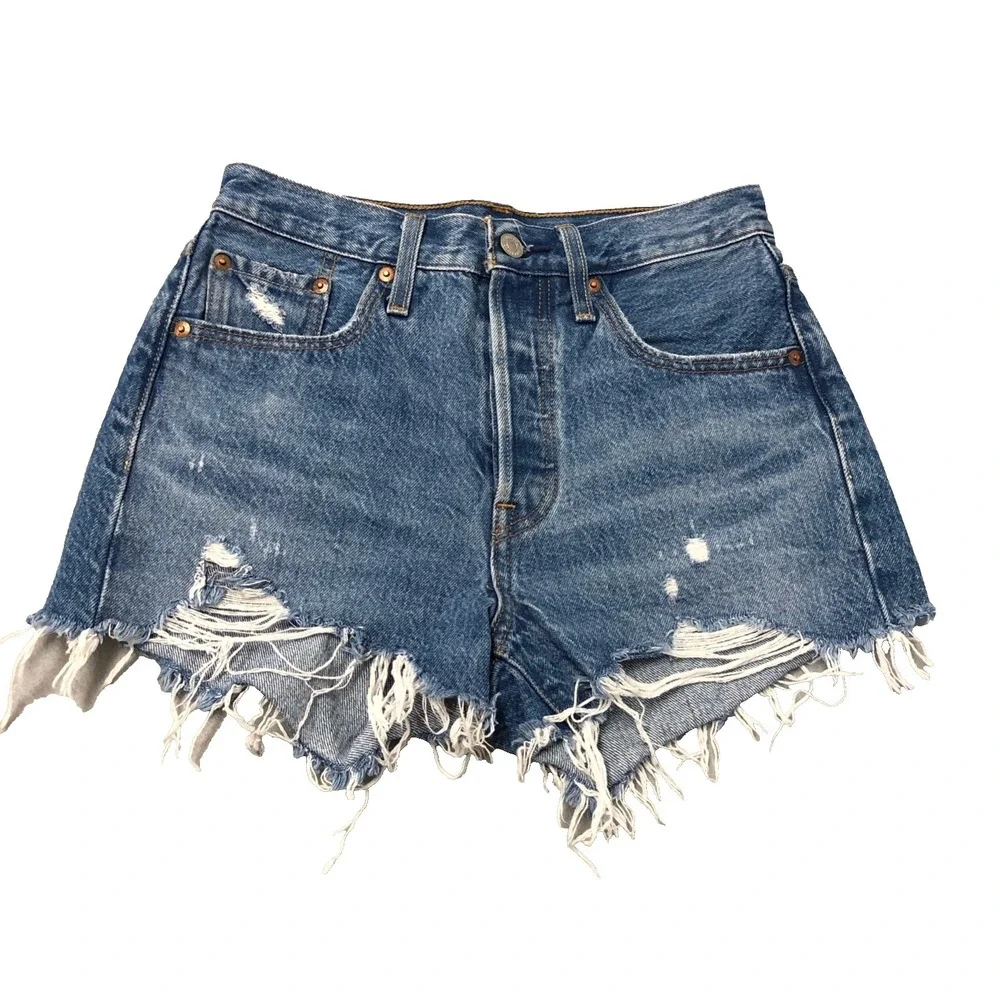 Levi 501 Cut Off Jean Shorts Womens 25 0 Blue Denim Distressed Mid Rise Festival
